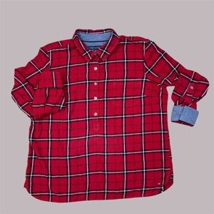 RETRO Tommy Hilfiger Red‎ Black White Plaid Half Button Up Long Sleeve Shirt XL